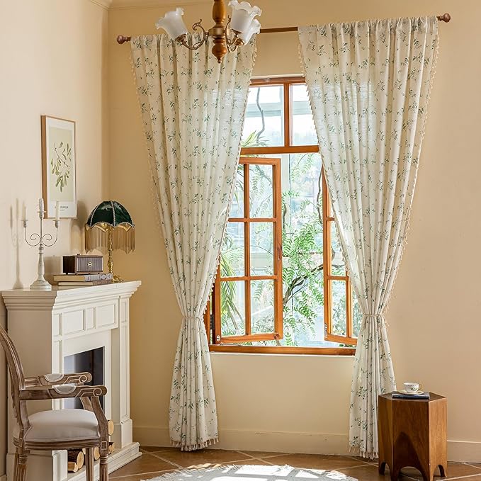 ENJOYBRIDAL White Floral 96 Inch Curtains 2 Panel Set Bedroom Tassel Drapes Boho Decor Semi Sheer Long Window Curtain Panels Living Room Rod Pocket Patterned Cute Rustic Window Treatments