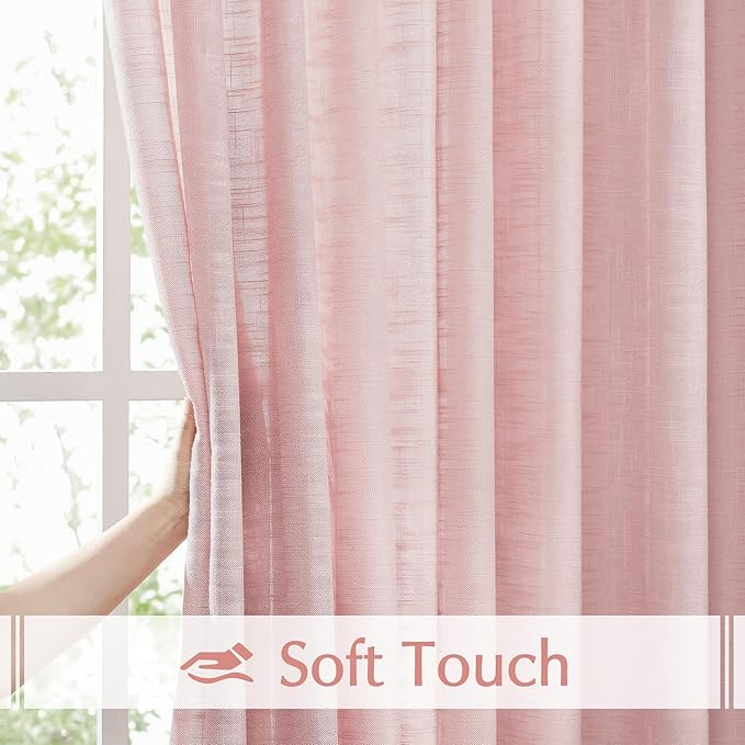 FMFUNCTEX Linen Semi Sheer Pink Curtains for Bedroom Living Room, Blush Pink Curtain Panels 63 Inch Length Sheer Linen Textured Window Drapes Farmhouse Light Filtering 2 Panels Rod Pocket