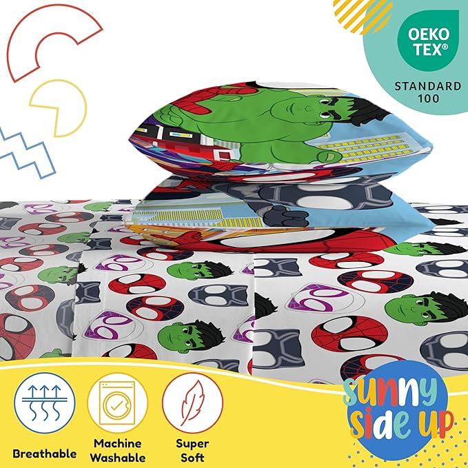 Sunny Side Up Spidey & His Amazing Friends Full Sheet Set - 4 Piece Kids Bedding Set Includes Pillow Cover - Super Soft Superhero Microfiber Sheets Features Miles Morales & Ghost Spider