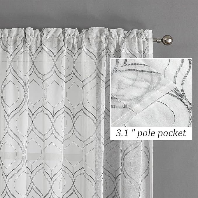 VISIONTEX White Sheer Curtains 84 Inches Long 2 Panels Set Grey Moroccan Embroidered Curtains Trellis French Textured Rod Pocket Voile Tulle Semi Window Drapes for Bedroom Living Room 54 x 84 Inches