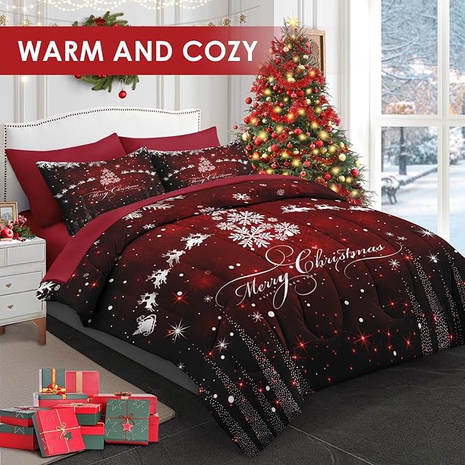 7 Pcs Full Size Christmas Comforter Set with 2 Pillowcases & 2 Shams, Dark Red Winter Snowflake Bedding for Kids and Adults, Merry Xmas Bed in a Bag with Flat Fitted Sheet
