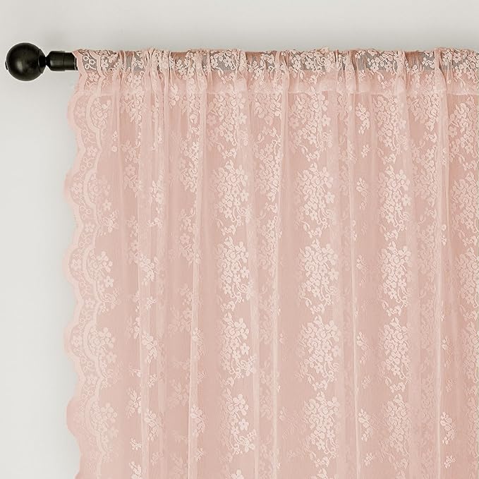 Anmao Vintage Lace Curtains 96 Inches Long 2 Panels Set, Romantic Elegant Light Filtering Semi Sheer Floral Thick Lacy Curtain Drapes for Living Room and Bedroom, Each Panel 55W x 96L, Blush Pink
