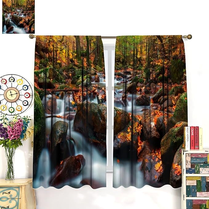 Autumn Waterfall Blackout Windows Curtains, Nature Autumn Forest Farmhouse Window Drapes, for Living Room Bedroom 72" W X 63" L