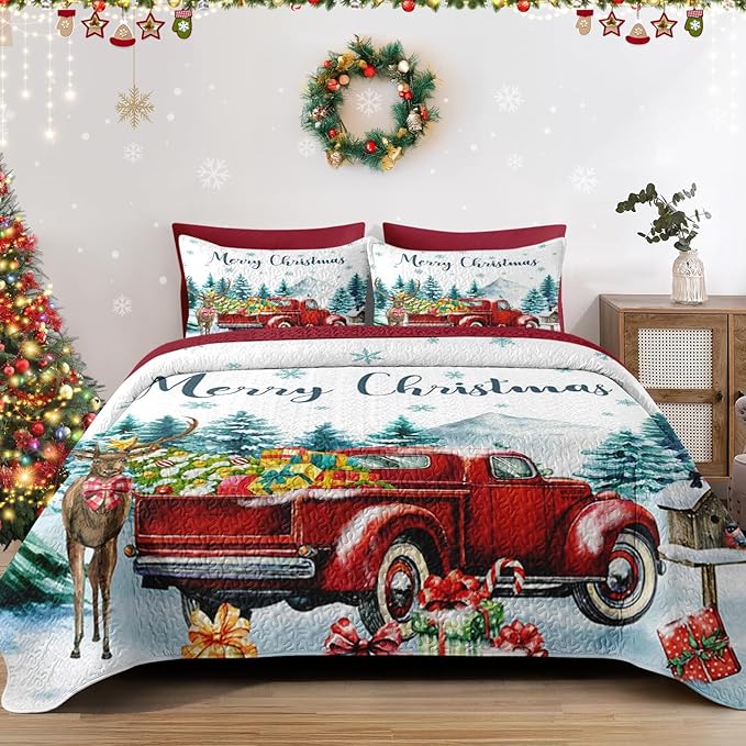 Christmas Full/Queen Size Quilt Set, Red Vintage Truck Elk Lightweight Bedspread Coverlet with Pillow Shams for Kids and Adults, Winter Forest 3 Pcs Bedding Bed Cover