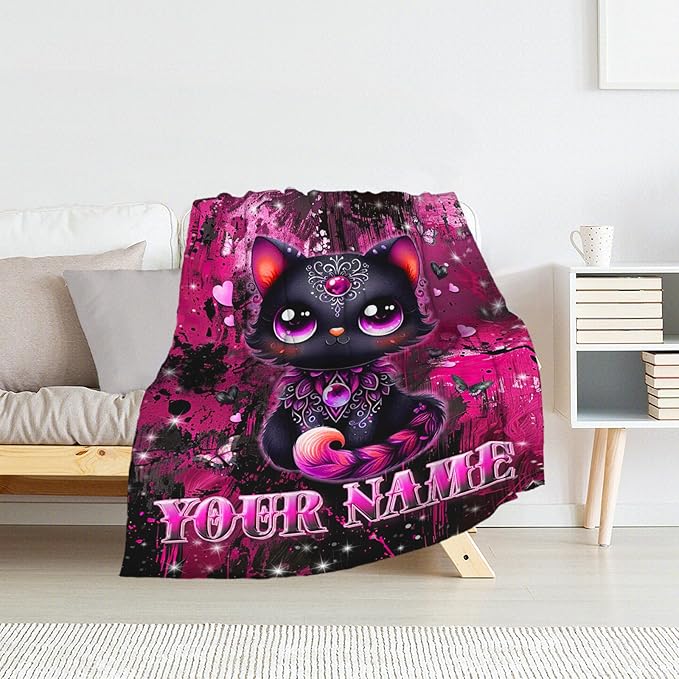 Personalized Cat Blanket for Kids - 30" x 40" Cat Gifts for Girls, Toddler - Plush Black Throw Stuff for Sofa, Travel