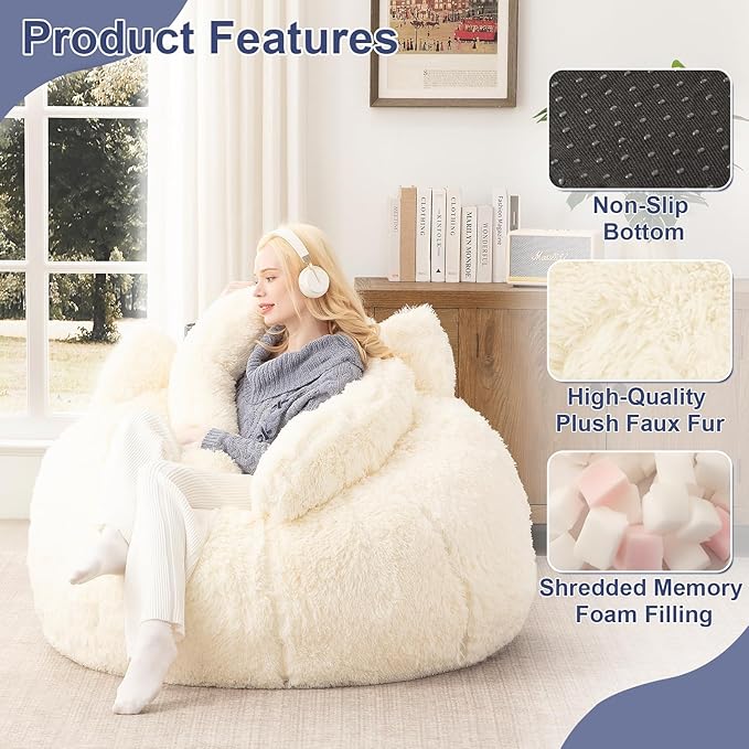 Bean Bag Chair for Adults Teens Giant Faux Fur Bean Bag Chairs with Filler Fluffy Plush Cat Shaped Beanbag Couch Comfy Accent Floor Sofa for Gaming, Reading in Living Room, Bedroom, Dorm
