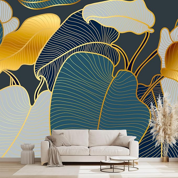 Golden Botanical Leaf wallpeper Living Room Bedroom Wall Mural - 160"x108"（Not Peel and Stick）