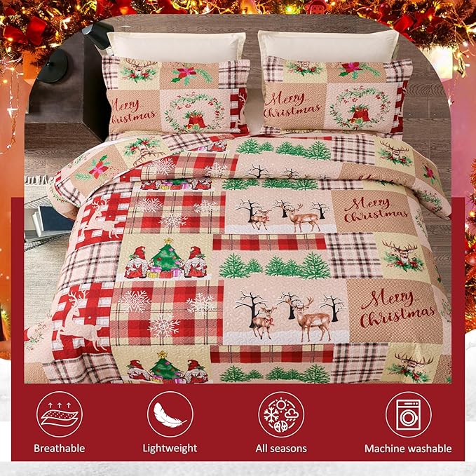 Christmas Bedding Set Twin Christmas Quilt Bedspread,Gnome Santa Claus Plaid Patchwork Xmas Quilt Set Bedding Holiday Christmas Quilts Decor Gift Elk Pattern Lightweight Reversible Bedspread Coverlet