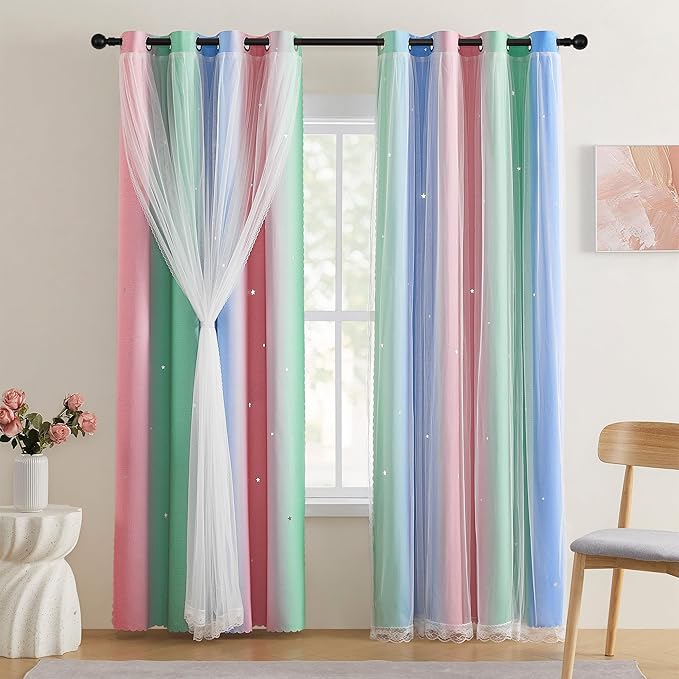 XiDi Pink Green Curtains for Girls Bedroom Decor Kids Blackout Curtains for Nursery Room Darkening Rainbow Princess Unicorn Wall Decals Little Girl Pink Green Blue 34x54 Inches Long 2 Panels Set