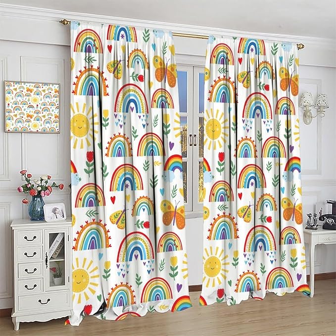 Boho Rainbow Curtains for Kids Nursery Colorful Floral Sun Star Clouds Pastel Bohemian Pattern Print Window Drapes for Girl Bedroom Living Room Kitchen Decor,2 Panel Set,52Wx84H Inch Blackout