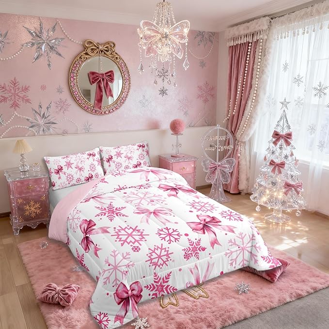 Cute Bow Tie Kids Comforter Set Twin Size,Girly Bowknot Snowflake Dots Bedding Set Room Decor,Merry Christmas Winter Princess Quilt Comforter,Pink White Duvet Set Bedroom Quilt Set,1 Pillowcase