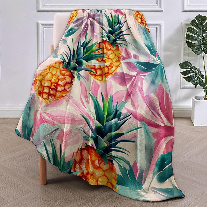 Watercolor Pineapple Blanket Gifts for Adults Kids Soft Warm Lightweight Cozy Tropical Pink and Green Foliage Throw Blankets for Bed Sofa Couch Living Room Decor 80x60in