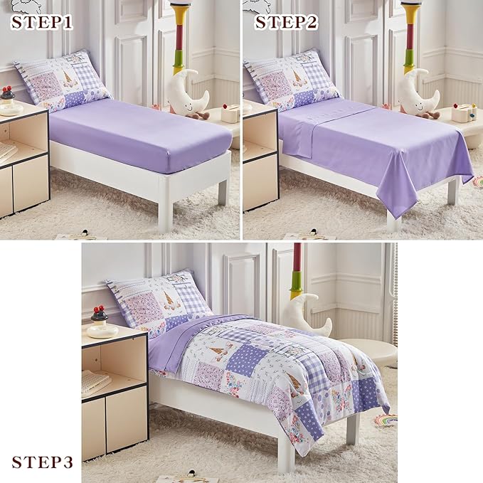 Joyreap 4 Piece Toddler Bedding Set- Purple Butterflies Flowers Patchwork Toddler Comforter Set, Includes Quilted Comforter, Fitted Sheet, Top Sheet, and Pillow Case