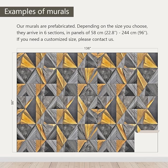 AFZEVEB-3D Geometric Wall Mural Gray and Gold Wallpaper for Bedroom 136"x96"(Not Peel and Stick)
