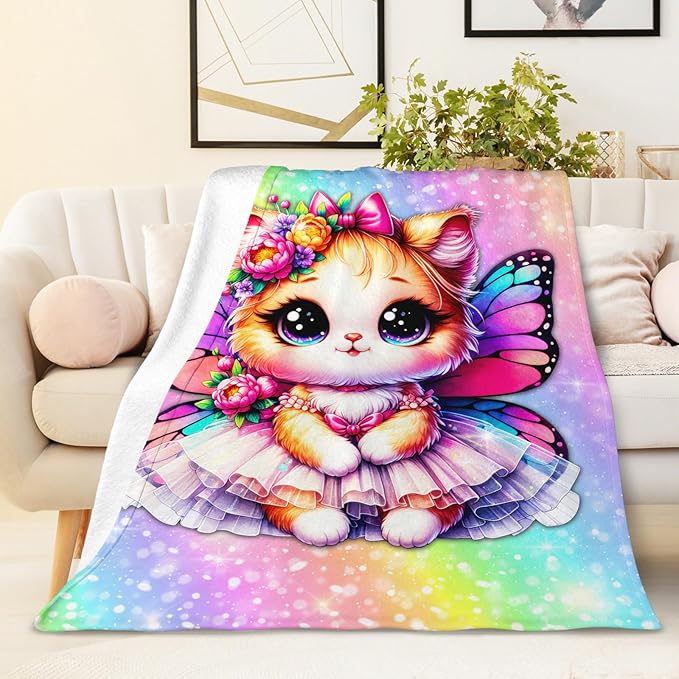 Cat Blanket for Girls, Throw for Kids Teens Adults Cat Lovers 60x80 Inches Soft Cozy Rainbow Print Throw Blankets for Sofa Couch Bed Travel Daughter Birthday Gift