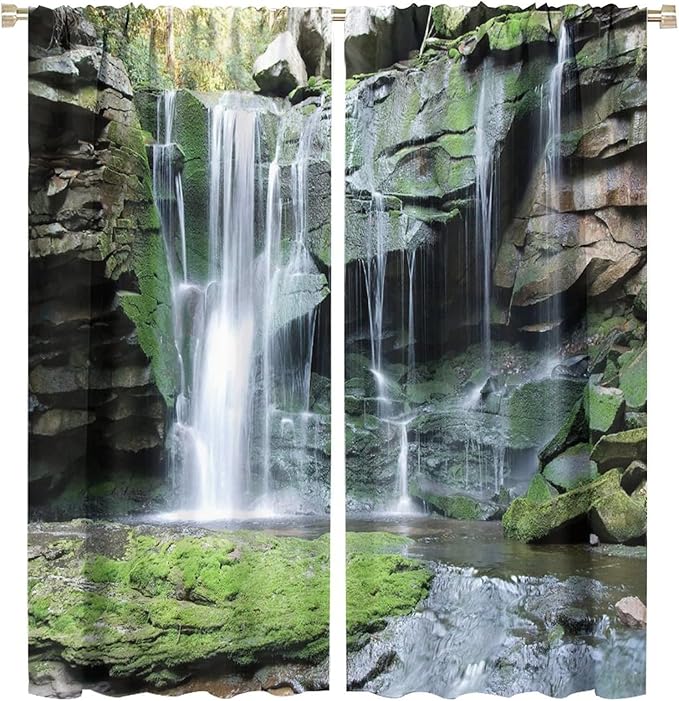 Forest Waterfall Blackout Windows Curtains, Rocky Waterfall to Pond Running Off Scenic Nature Themed Picture Print Curtains, for Living Room Bedroom 63x72in 2 Panels