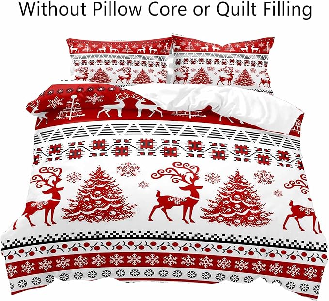 LUVIVIHOME 3PCS Christmas Duvet Cover Queen Bedding Set, Red and White Striped Duvet Cover, Reindeer Deer Christmas Tree Snowflake Winter Holiday Xmas New Year Christmas Comforter Cover 2 Pillow Shams