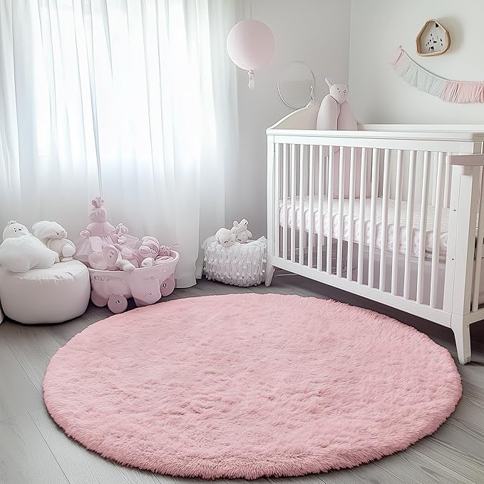 ONASAR Light Pink Round Area Rugs 2ft for Bedroom Living Room, Fluffy Cat Dog Bed Mat, Washable Circle Rug for Kids Girls Boys Teen, Soft Plush Shaggy Carpet for Nursery Dorm Home Decor Aesthetic