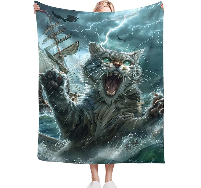 Funny Cat Blanket Nautical Boat Throw Blanket Ocean Gifts and Decor Cat Blanket for Girls Boys Women Men Kids Adults Soft Warm Cozy Fleece Blanket for Couch Sofa Bed 60"x50"