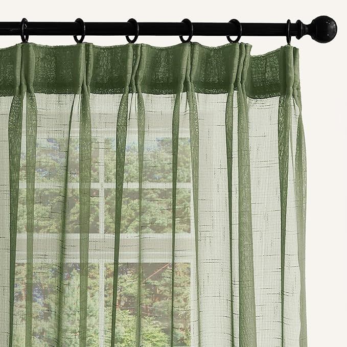 Sage Green Linen Look Sheer Curtains 108 Inches Long 2 Panels, Rustic Textured Light Filtering Drapes, Elegant Window Decor, Floor to Ceiling Pinch Pleat Curtain with Hooks