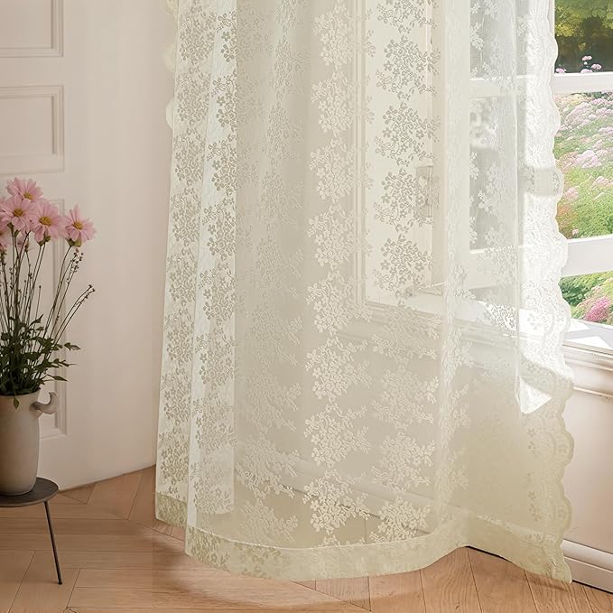 Anmao Vintage Lace Curtains 102 Inches Long 2 Panels Set, Romantic Elegant Light Filtering Semi Sheer Floral Thick Lacy Curtain Drapes for Living Room and Bedroom, Each Panel 55W x 102L, Ivory