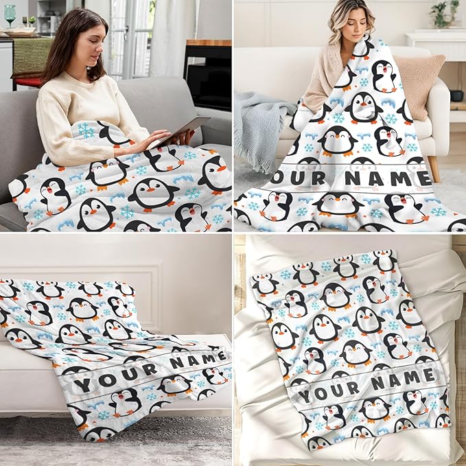 Custom Penguin Gifts for Adult - 60" x 80" Inches Cute Penguin Throw Blanket for Girls - White Soft Furry Throws for Sofa, Bed & Living Room