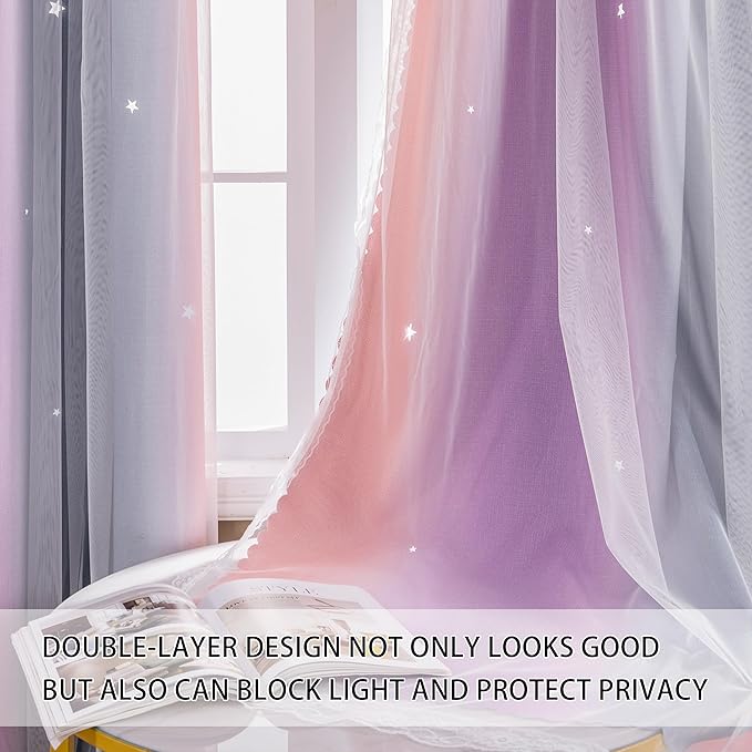 XiDi Blackout Curtains for Girls Bedroom Decor 45 inches Long Window Curtains Colorful Rainbow Design 2 Panel Sets, Kids Room Unicorn Princess Theme Home Decor Ombre Drapes Grey/Pink/Purple W34 X L45