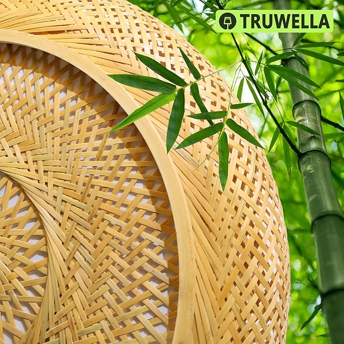 19.7 in Bamboo Woven Rattan-Style Ceiling Light, Boho Ceiling Light Fixture with Remote, LED Dimmable Ceiling Light, Boho Light Fixture for Bedroom Living Room Dining Room Light