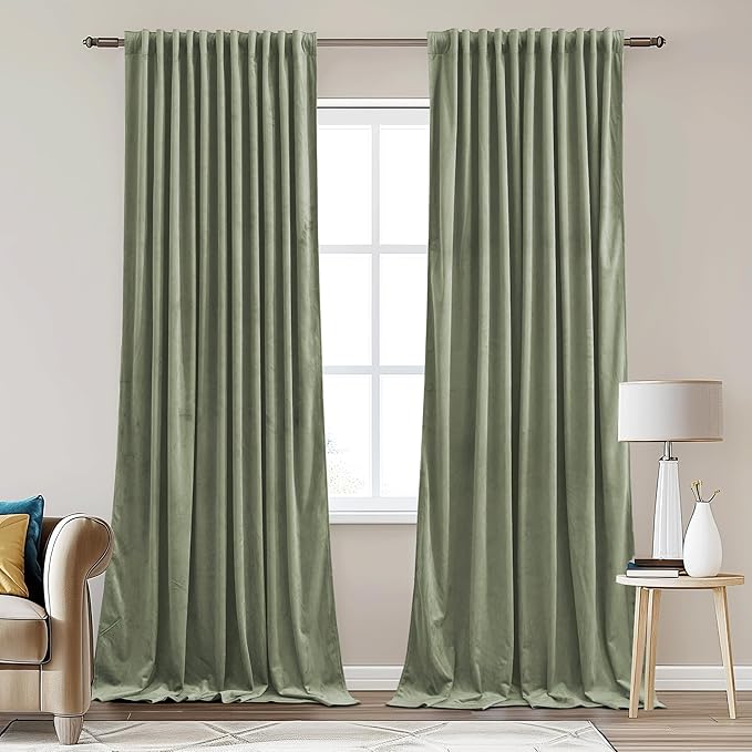 StangH Back Tab Sage Green Curtains 84 inches Long Soft Velvet Elegant Home Decor Thermal Insulated Privacy Window Drapes for Bedroom Office Divider, W62 x L84, 2 Panels