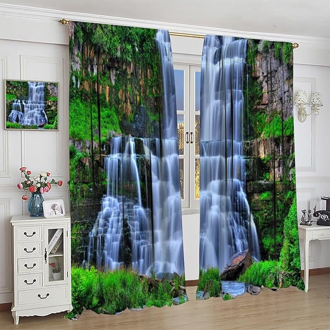 Nature Scenery Waterfall Blackout Curtains, Forest Waterfall Landscape Green Jungle Stone Falls Print Pattern Rod Pocket Window Drapes, for Bedroom Living Room 55" W X 63" L