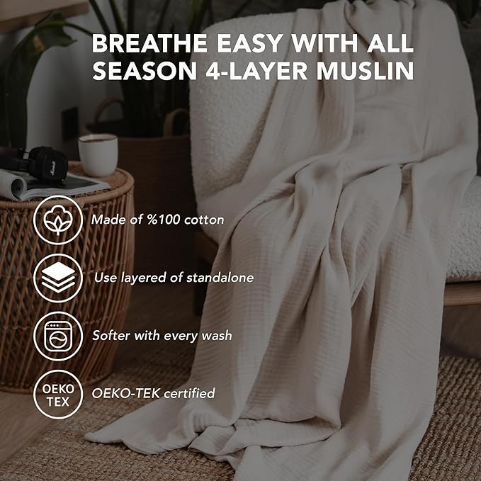 Goqan Muslin Blanket Queen 79x90 – 100% Cotton 4 Layer Boho Muslin Blanket for Adults, Lightweight, Soft, Breathable for Bed, Couch - Beige