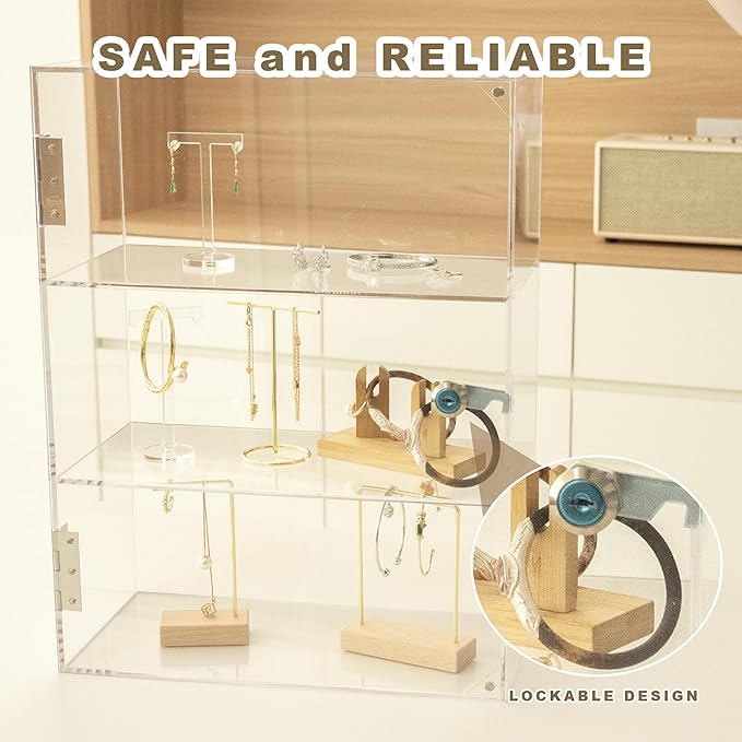 Acrylic Display Case with Lock Key, 3 Shelf Locking Countertop Display Case Cabinet Showcase with Shelves for Collectibles Office Retail Display Safe Storage 11.8x5.9x15.7 Inch