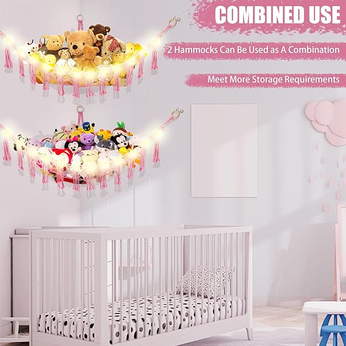 Stuffed Animal Hammock with LED Light, Large Stuffed Animals Storage Corner Plushie Net for Kids Room Decor, Pink