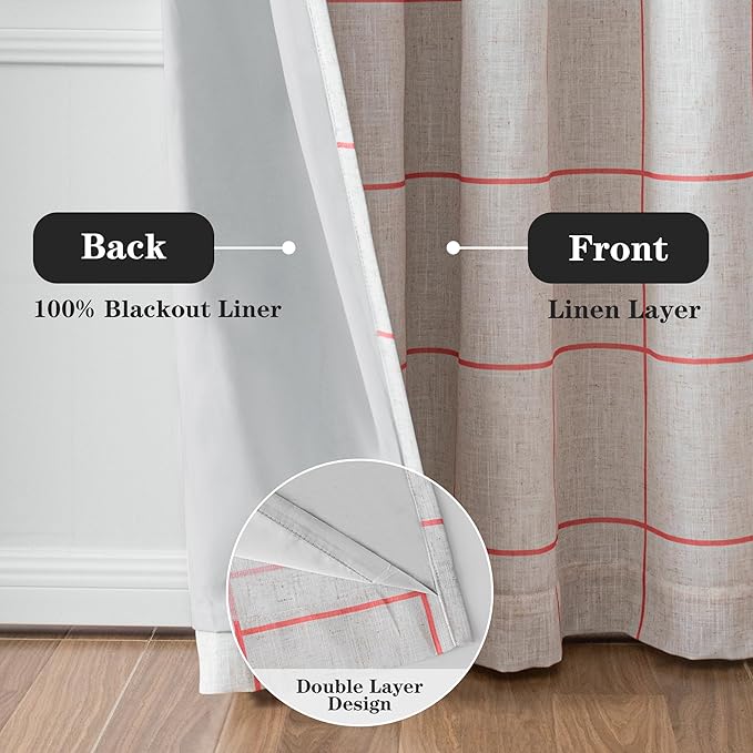 MYSKY HOME 100% Blackout Plaid Linen Curtains 95 Inches Long Double Layer Farmhouse Thermal Insulated Checkered Patterned Drapes Rod Pocket Back Tab for Living Room Girls Room, 2 Pcs, 52" Wide, Pink