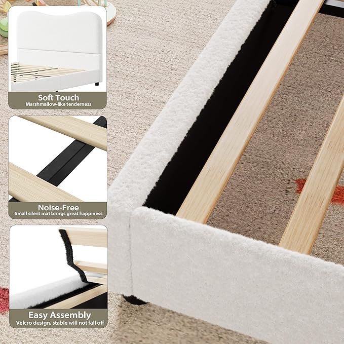 Senfot White Boucle Bed Frame with Upholstered Headboard, Soft Low Profile Sturdy Platform Bed with Rounded Corners Design, Heavy Duty, Wooden Slats, Noise Free, No Box Spring Needed, Full Size
