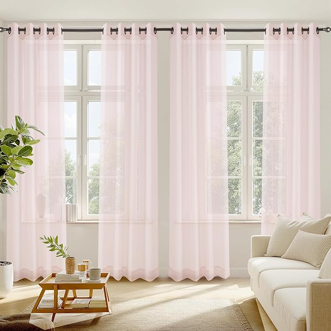RYB HOME Light Filtering Curtains 90 Inches Long, Grommet Top Voile Airy Light Filtering Drapes Sheer Window Curtains for Living Room Kitchen Bedroom, Peach Blush, 54" W x 90" L, 4 Pieces