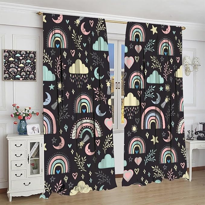 Boho Rainbow Curtains for Kids Nursery Colorful Floral Sun Star Clouds Pastel Bohemian Pattern Print Window Drapes for Girl Bedroom Living Room Kitchen Decor,2 Panel Set,42Wx45H Inch Blackout