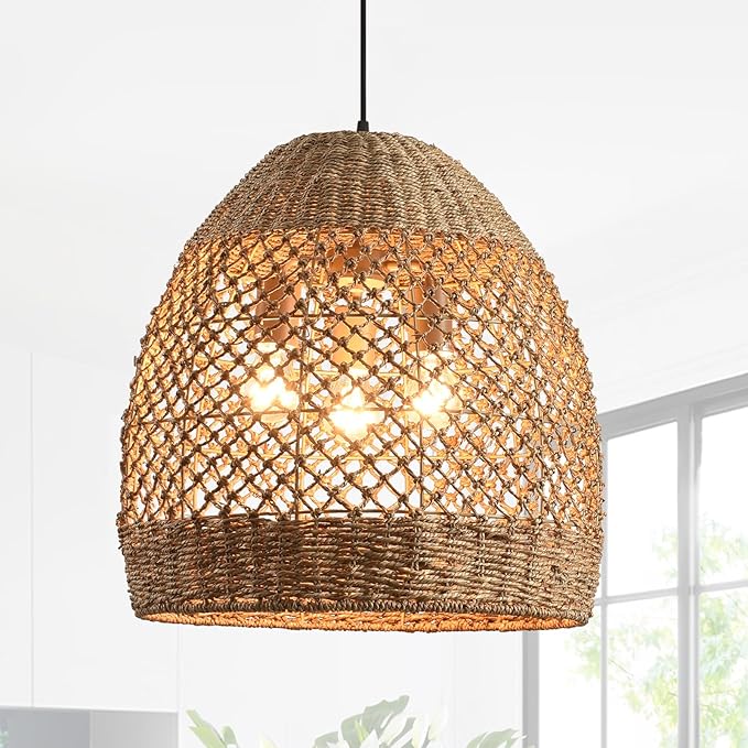 19.7" Rattan Light Large Pendant Light Fixture,Boho Coastal Ceiling Hanging Woven Wicker Chandelier of Farmhouse Living Room Kitchen Island Dining Room, Hallway
