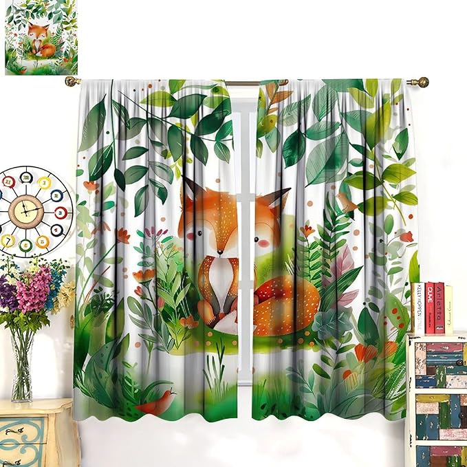 Kids Fox Blackout Curtain Cute Cartoon Fox Window Treatment for Girls Boys Bedroom Wildlife Woodland Animal Botanical Plant Window Drapes for Living Room Teens Nursery W52xL84