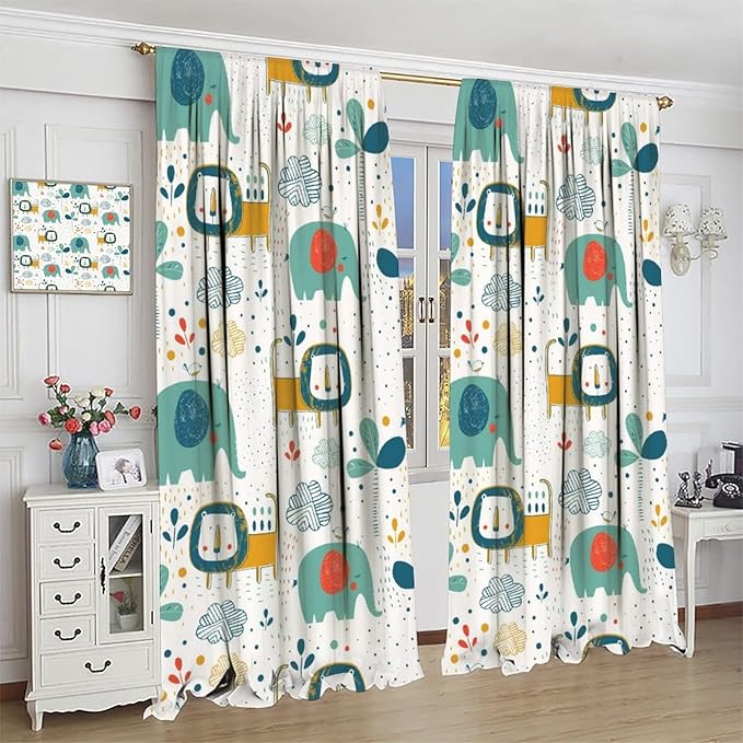 Cute Lions Blackout Curtains for Kids Bedroom,Cartoon Tropical Plants Birds Elephants Print Pattern Window Drapes,Funny Animal Thermal Insulation Curtain for Nursery Baby Room 63x63in