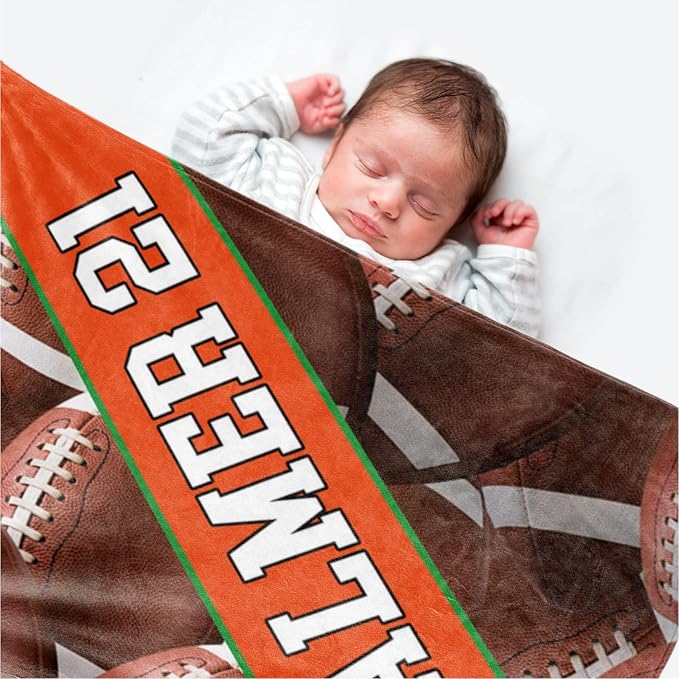 Personalized Football Baby Blanket Gifts: Custom Soft Flannel Fabric Blankets with Name Number for 0-6 Years Kids Boys Girls - Warm and Comfortable(60X80inch)
