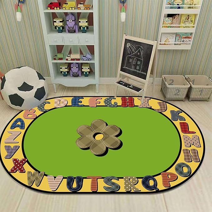 Children's Area Rugs, 3x5ft, Educational And Fun Rugs with ABC Alphabet, Early Learning Rug for Playroom Game Activity, Plaid Floral Non-Slip Soft Indoor Play Mat for Bedroom Nursery, Oval Rug