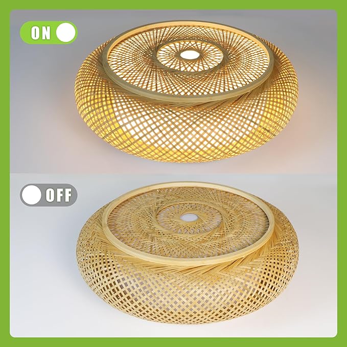 19.7 in Bamboo Woven Rattan-Style Ceiling Light, Boho Ceiling Light Fixture with Remote, LED Dimmable Ceiling Light, Boho Light Fixture for Bedroom Living Room Dining Room Light