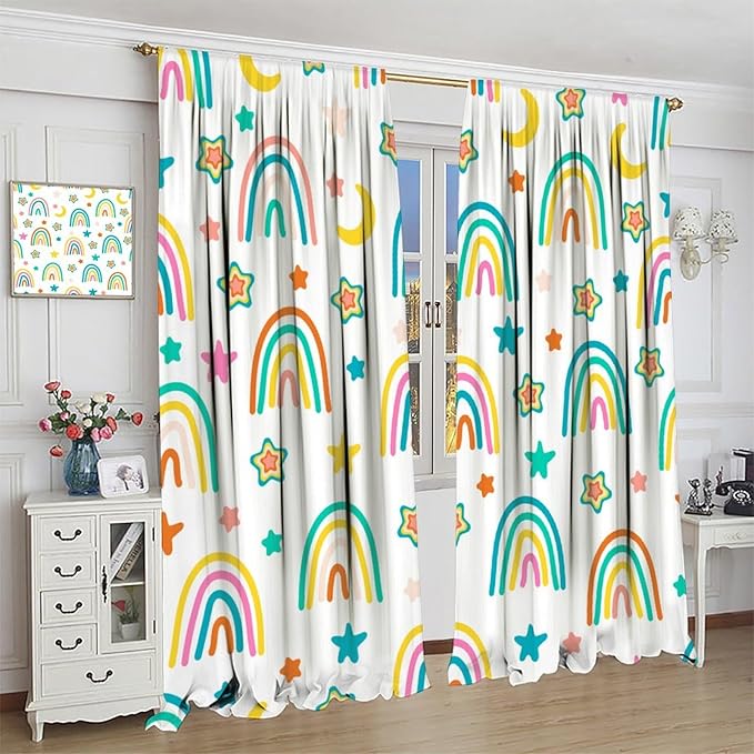 Kids Rainbow Curtains Cartoon Rainbow Abstract Bohemia Floral Lovely Stars Pattern Print Window Drapes for Girl Bedroom Living Room Kitchen Decor,2 Panel Set,63Wx63H Inch Blackout