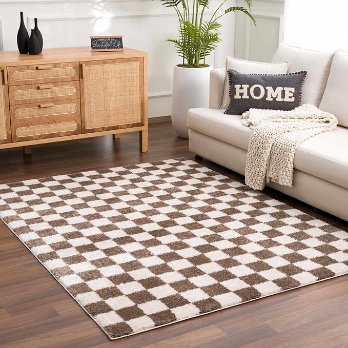 Hauteloom Canika Modern Checkered High Pile Runner Rug - Contemporary Geometric Carpet for Hallway, Kitchen - Machine Washable Area Rug - Peach, Dark Brown - 2'7" x 7'3"