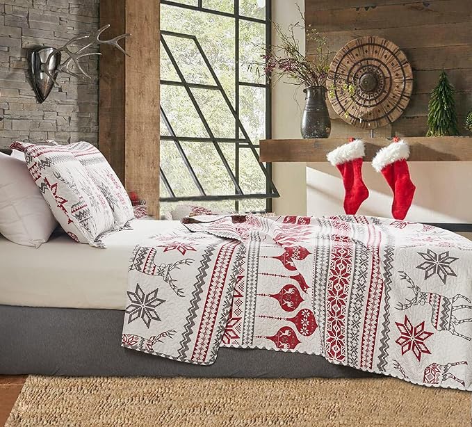 Jessy Home Christmas Quilt Set King Size Bedding Xmas Bedspread Coverlet Holiday Deer Snowflake Decor Soft Lightweight Bedding,Red White