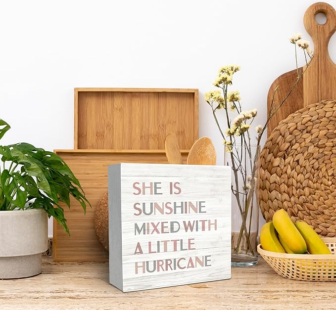 SRADMO She Is Sunshine Mixed with a Little Hurricane Boho Wood Box Sign Desk Decor, Girls Baby Inspirational Quotes Wooden Block Box Sign Decoration For Girls Room Shelf Table Nursery Playroom Decor