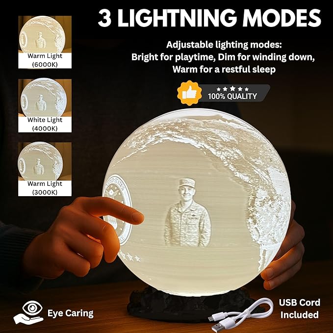 Personalized Air Force Custom Moon Lamp – Custom Military Moon Light with Photo & Text | USAF Veteran Gift for Airmen & Military Families | 3D Printed Night Light with U S Air Force Logo