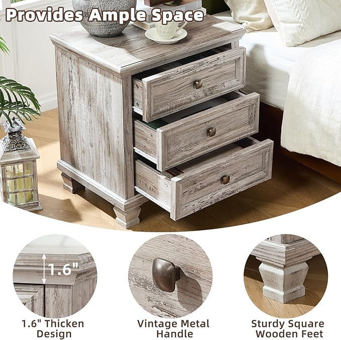 Farmhouse Bedroom Dresser and Nightstand Set of 4, 6 Drawer Low & 5 Drawers Dresser & 3 Drawer Nightstand Set with Wooden Legs, Rustic Wood Furniture for Bedroom, Hallway, Grey