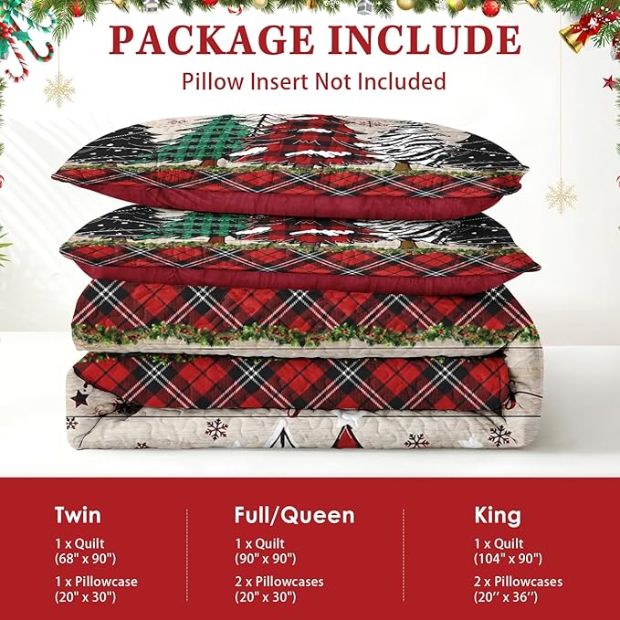 Christmas Full/Queen Size Quilt Set, Black Red Plaid Lightweight Bedspread Coverlet with Pillow Shams for Kids and Adults, Retro Colorful Pine Tree 3 Pcs Bedding Bed Cover